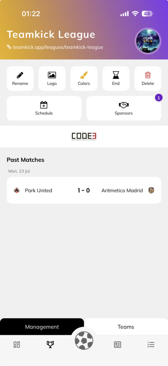 TeamKick league management screen with schedule, sponsors, branding and past match results