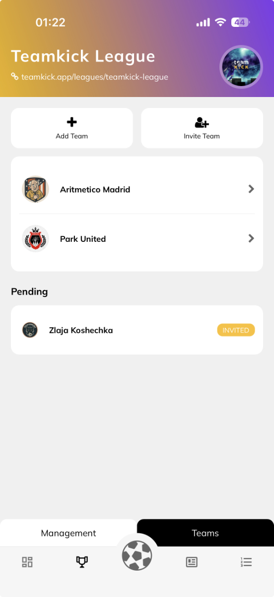 TeamKick league teams screen with add team, invite team and a pending invitation