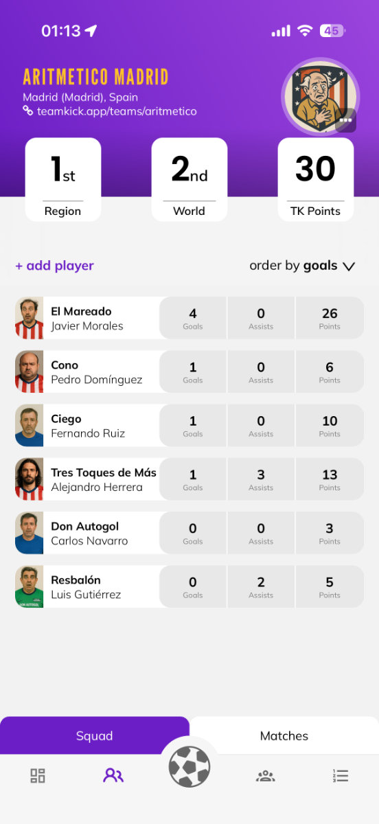 TeamKick team page showing squad, player stats and world ranking