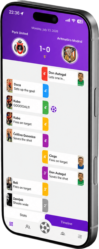 TeamKick app showing a live match timeline with goals, assists, shots and saves