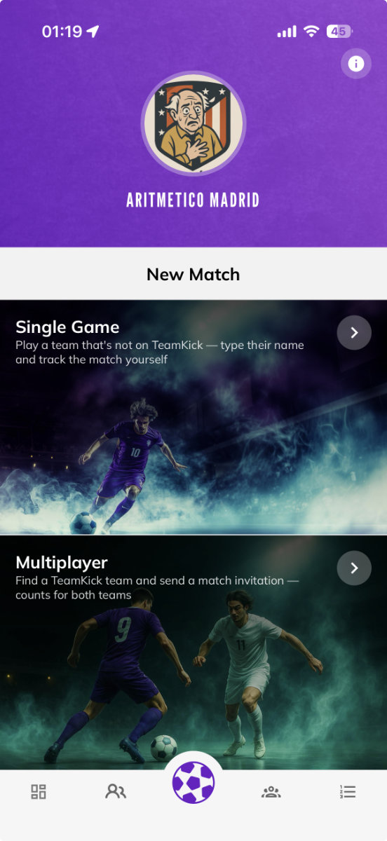 TeamKick new match screen with single game and multiplayer options