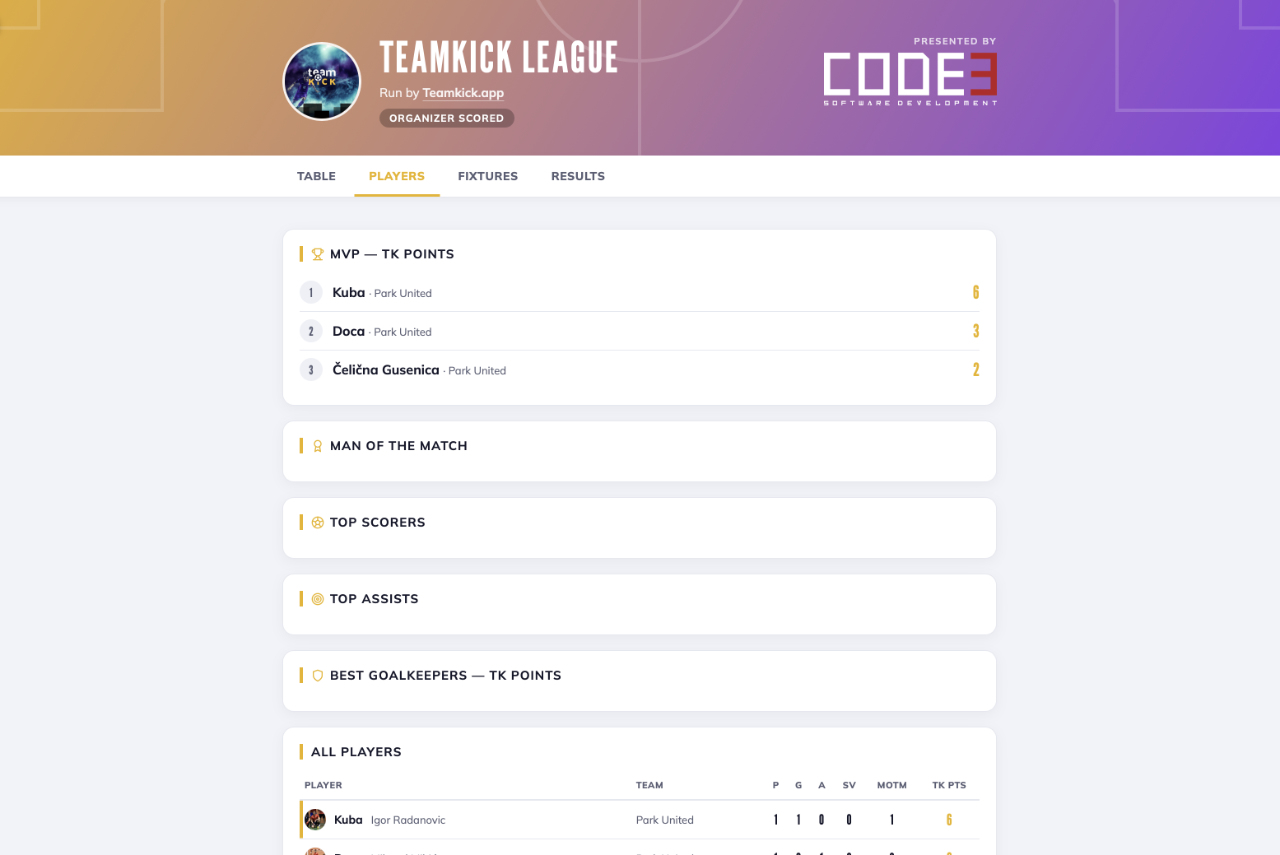 Public TeamKick league web page with custom branding, sponsor banner, league table, player leaderboards and TK points
